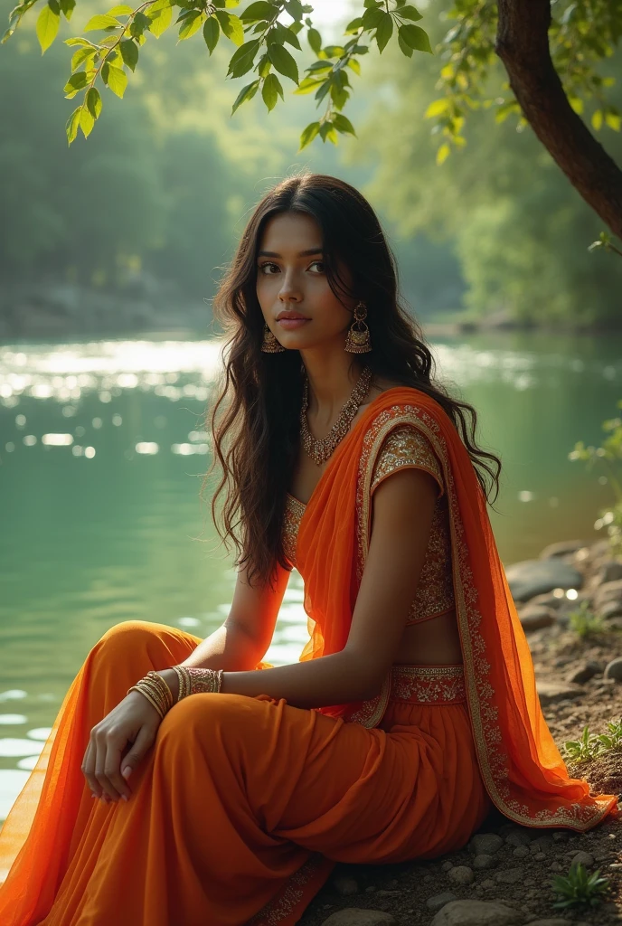 A beautiful indian girl in salwar suit sitting side river