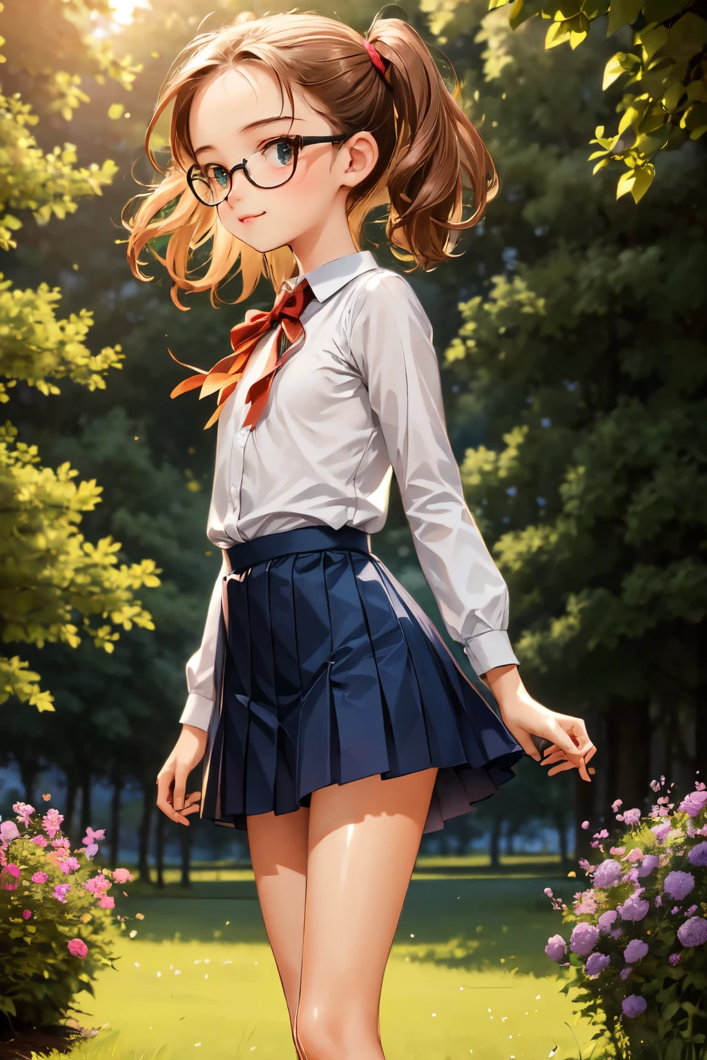 (high quality)，One person，，Baby Face，naked，Very short stature，very small flat chest，Very flat chest that looks like it might expand，Very thin limbs，Very thin thighs，Small Ass，naked，bright色のセーラー服、Navy pleated mini skirt，Glasses，grassland，A shy smile，blush，At dusk，Beautiful sunset，Midsummer，bright，bright色，watercolor, Ghibli style，

