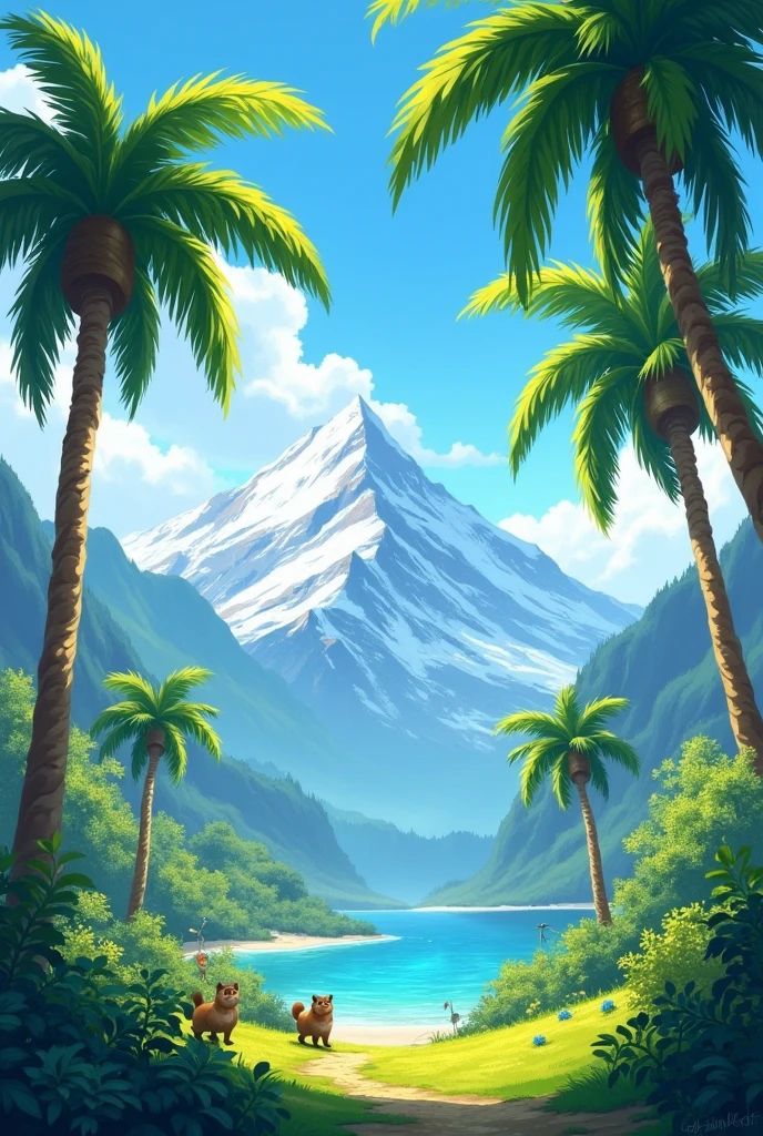 Green landscape with palm trees and blue sky and mountains with little animals