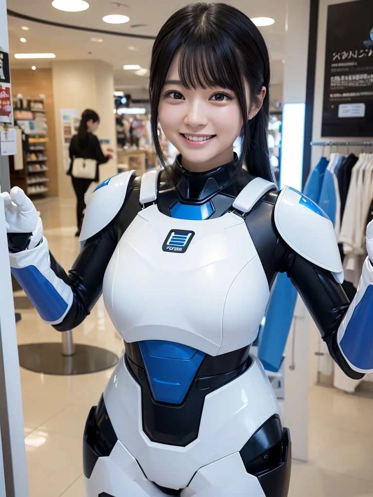 Japanese female android,Black Hair,White and blue robot suit,Plump,Enjoying shopping,smile