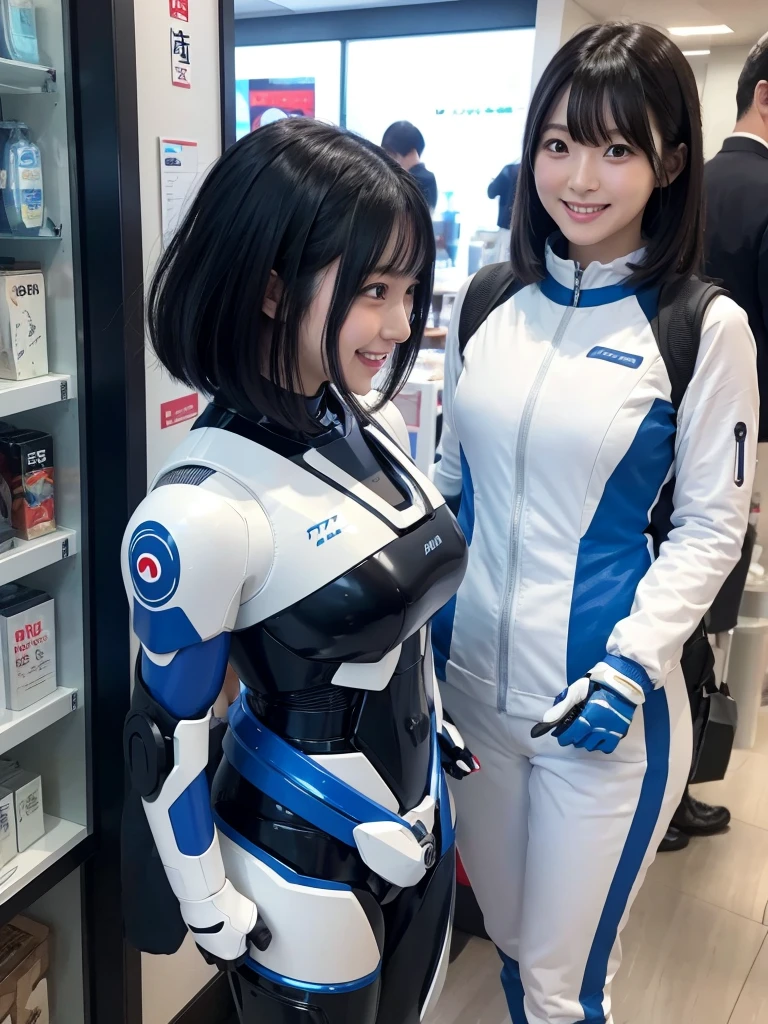 Japanese female android,Black Hair,White and blue robot suit,Plump,Enjoying shopping,smile