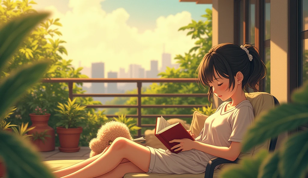 Makoto Shinkai's style A female college student falls asleep while reading a book on the terrace of her home。A toy poodle is curled up and sleeping nearby.。