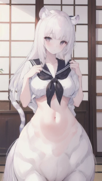 (best quality, masterpiece), 1 girl, centaur, I beg, White skin, Japanese schoolgirl,daughter,black pink, exposing the abdomen, belly button t-shirt , 아름다운 소녀 perfect white tiger photo, perfect white tiger photo