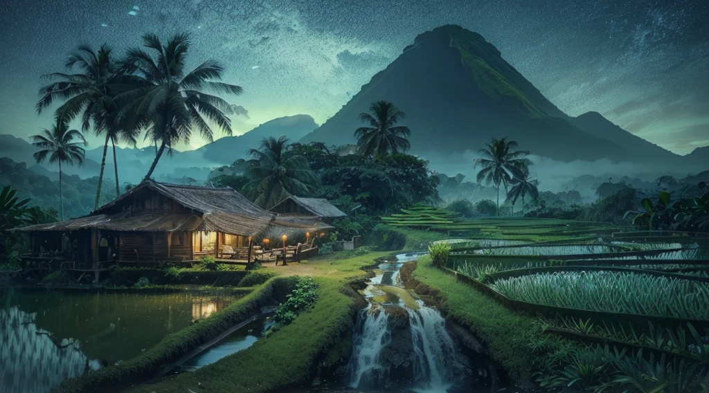 The waterfall flows from between two short cliffs and falls into a clear poolwith clear water and a few natural rocks, there is a  small hut, surrounded by tropical forest plants  such as shady Wood trees, banana trees, a deer is drinking.with a distant backdrop of volcanoes and vast rice fields thick with rice plants, blue sky, bright white clouds, realistic photography.