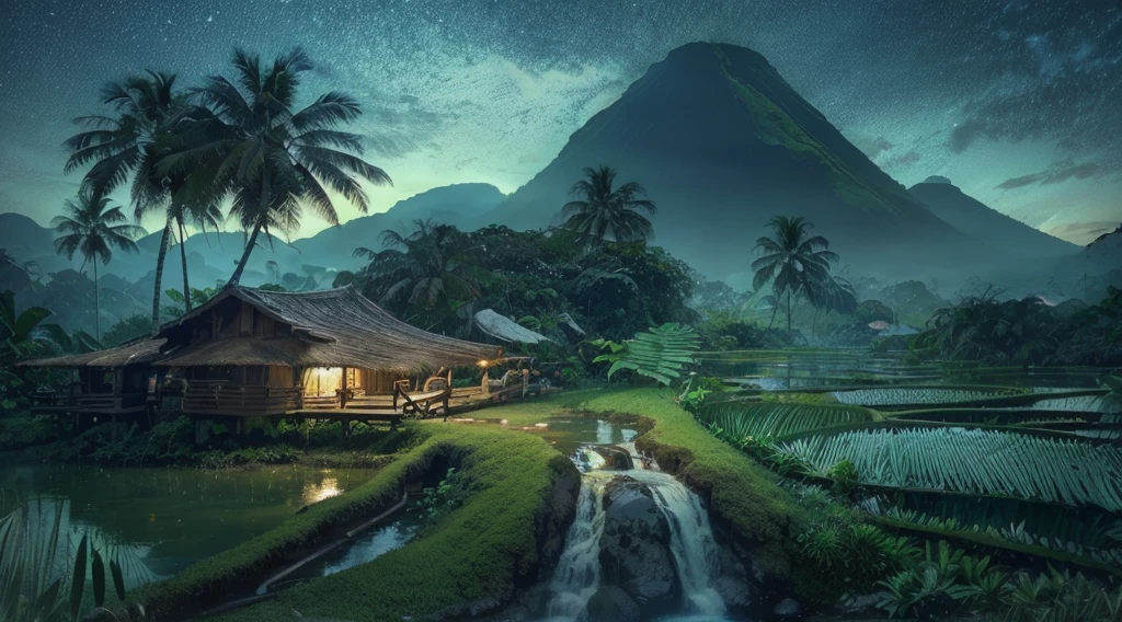 The waterfall flows from between two short cliffs and falls into a clear poolwith clear water and a few natural rocks, there is a small hut, surrounded by tropical forest plants such as shady Wood trees, banana trees, a deer is drinking.with a distant backdrop of volcanoes and vast rice fields thick with rice plants, blue sky, bright white clouds, realistic photography.