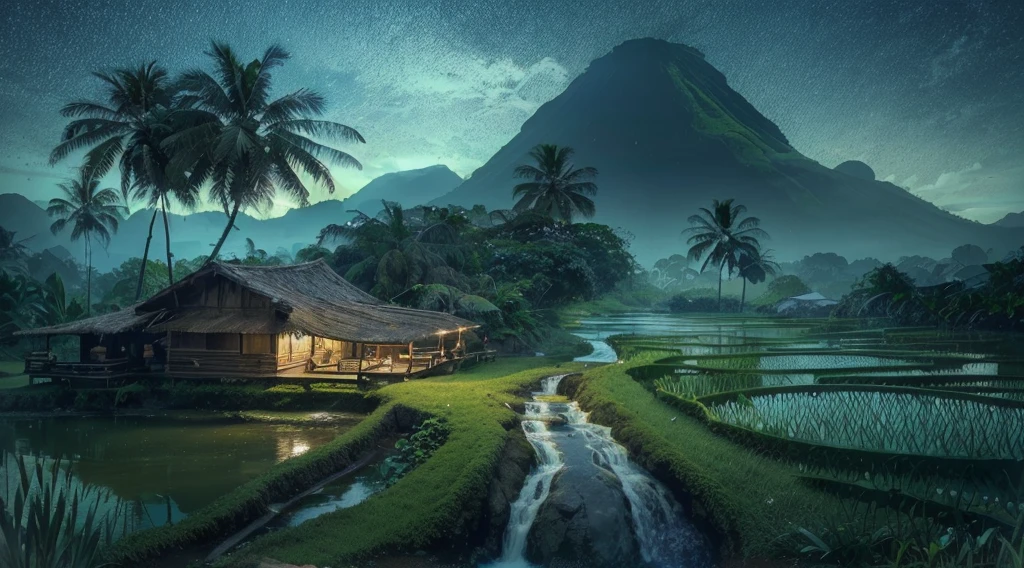 The waterfall flows from between two short cliffs and falls into a clear poolwith clear water and a few natural rocks, there is a small hut, surrounded by tropical forest plants such as shady Wood trees, banana trees, a deer is drinking.with a distant backdrop of volcanoes and vast rice fields thick with rice plants, blue sky, bright white clouds, realistic photography.