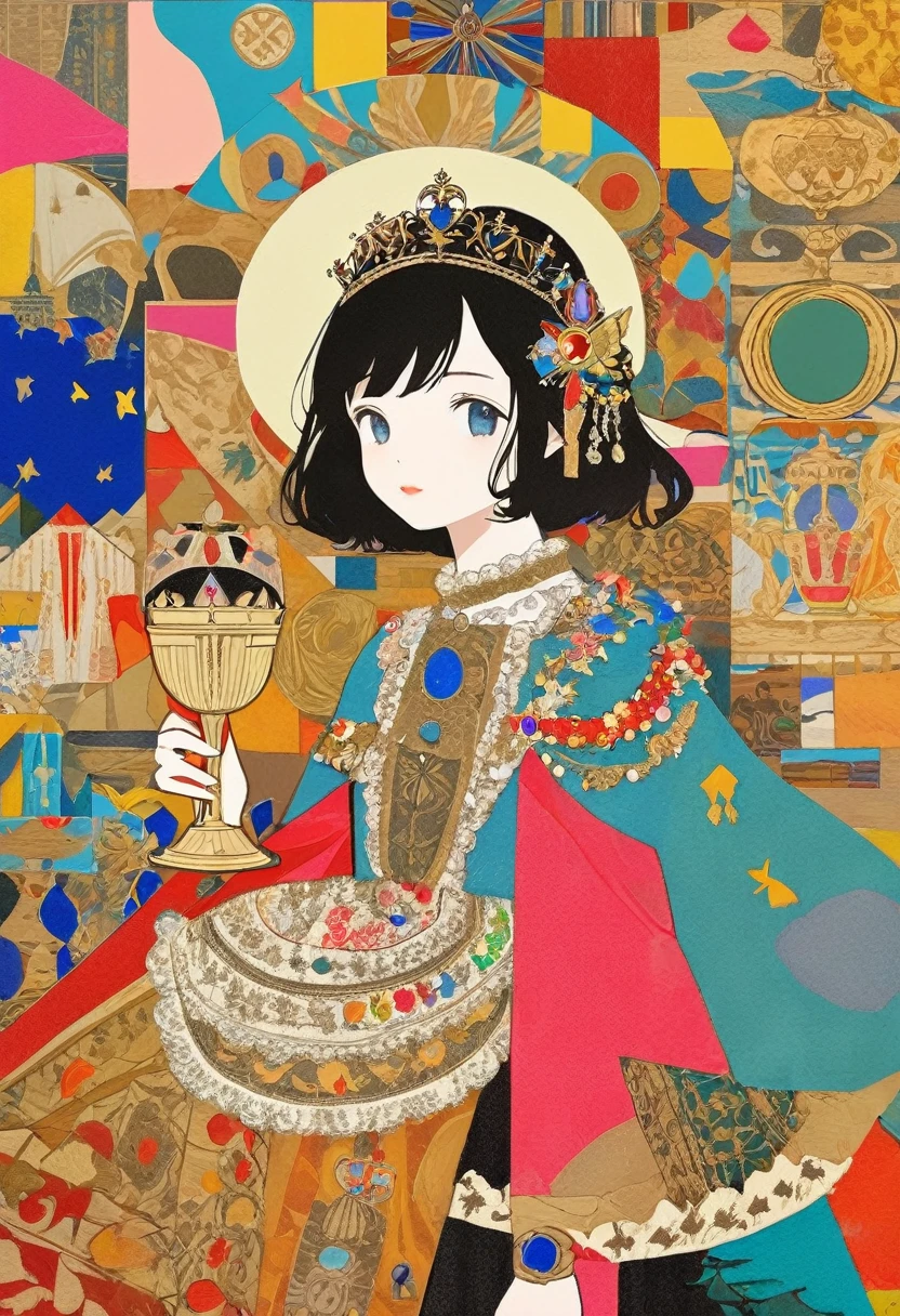 (masterpiece, best quality),flatcolor,
woodblock print collage depicting,one girl,princess,side view,he is surrounded by traditional european royal symbols,wearing cutie princess dress,holy grail,colorful, collage art, contemporary artistic collage,