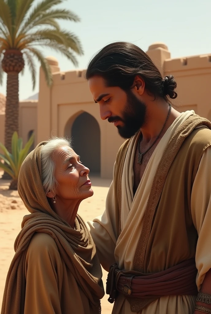 Beside a house on the Arabian desert an old woman stands in front of a handsome bearded young man crying, tears streaming down his eyes. On one side of the house are some palm trees and rocks. 
Handsome young man comforting woman. 
They were wearing Arabic clothes.