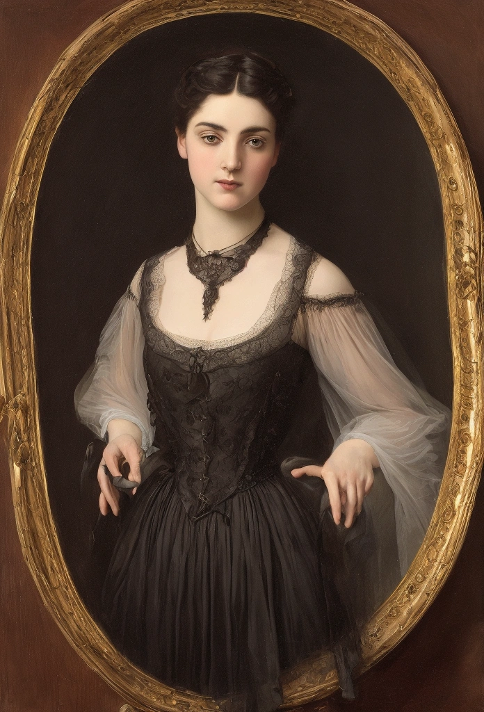 A dark and atmospheric oil painting featuring a stunning Victorian-era woman. She wears an elaborate, high-necked gown adorned with lace and intricate embroidery. Her expression is mysterious, with piercing eyes that hint at hidden secrets. The setting is a dimly lit, gothic interior, with heavy velvet drapes, a grand fireplace, and an ornate, antique mirror reflecting the flickering light of a candelabrum. Shadows loom in the corners, and the air seems thick with an otherworldly presence, giving the scene an occult and eerie feel.