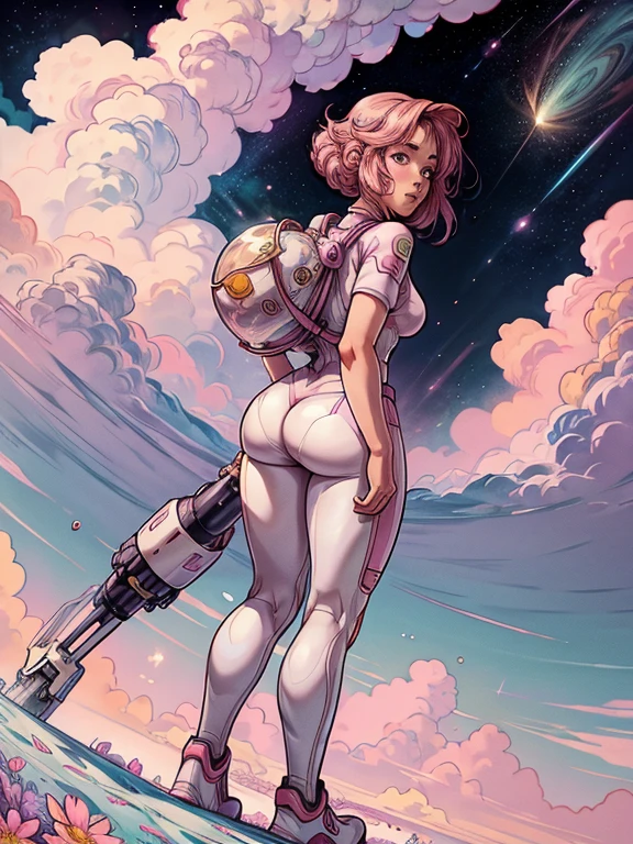 She astronaut walks in the sea of flowers dotted with pink clouds，The astronaut who is alone，The astronaut cannot leave this planet，The astronaut is lost in the boundless space. Round ass, buttcheeks, full body astronaut suit, head to toe 