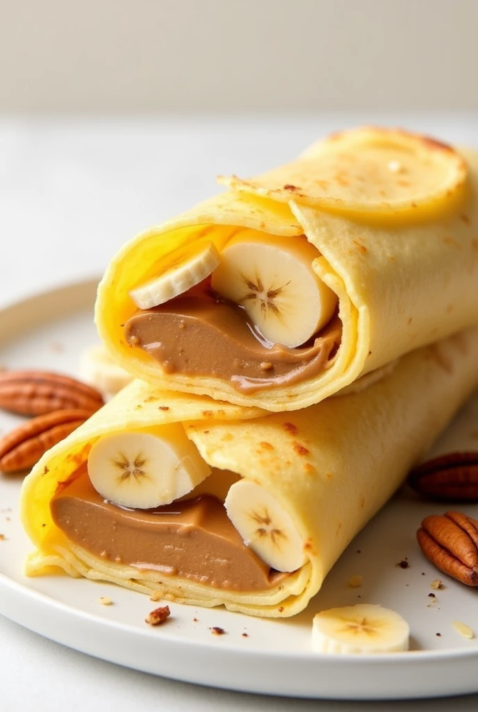 YELLOW CREPE BURRITO CUT IN HALF. FILLINGS SHOULD BE BANANA AND PEANUT BUTTER (not peanuts). TOPPINGS SHOULD BE NUTS