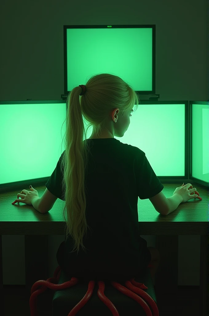 BOY with long blonde hair in a pony with multiple red demon tails and who wears a black shirt. [he is sitting in a dark room in front of multiple green see-through screens with his **legs on the table** as he types on the screens.] DARK ROOM green eyes