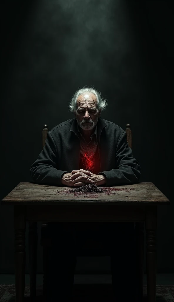 Old man sitting at table with stabbed in his chest in pitch darkness