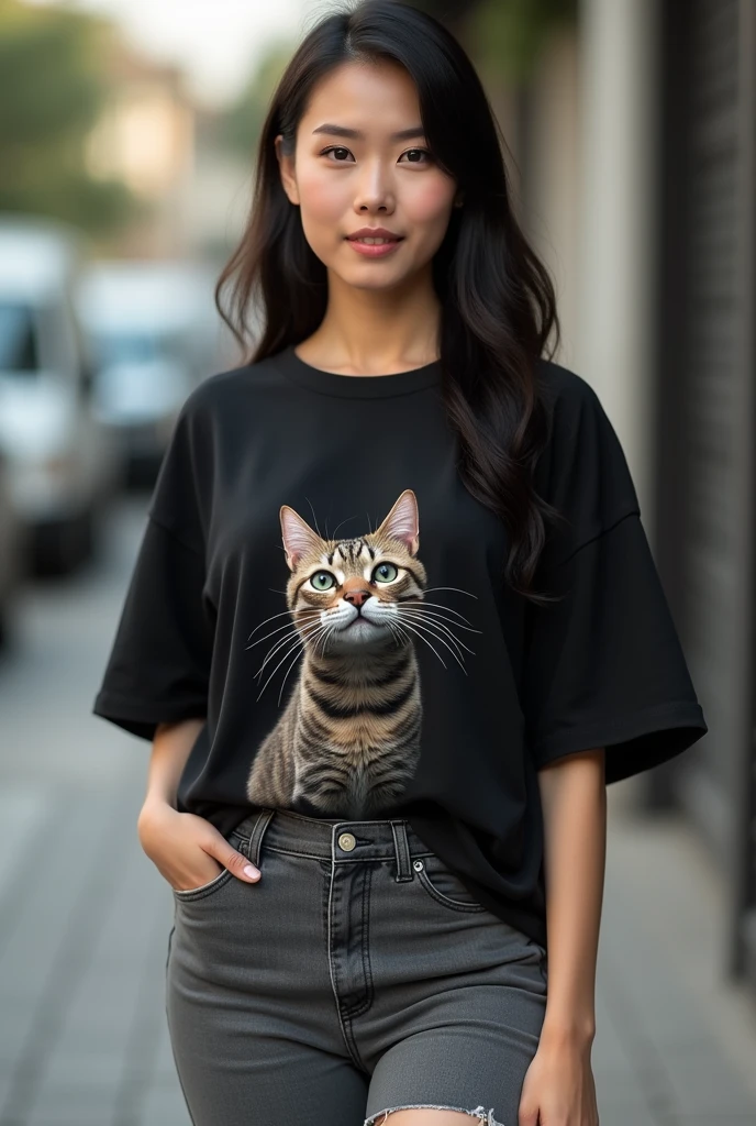 Photography profesional ,realistic, A beautiful woman , fair skin ,original orang Indonesia , have a slightly fat body shape,  wearing a black oversized t-shirt with a cute cat pattern , wearing short gray denim jeans , urban background , photo HD ,original