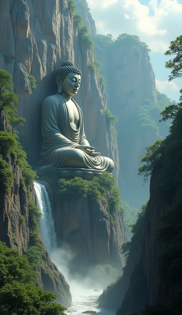 A zoom out shoot of gigantic old Budda statue in mountain wall, between waterfall, surrounded by cloud, scenery landscape, cinematic lighting