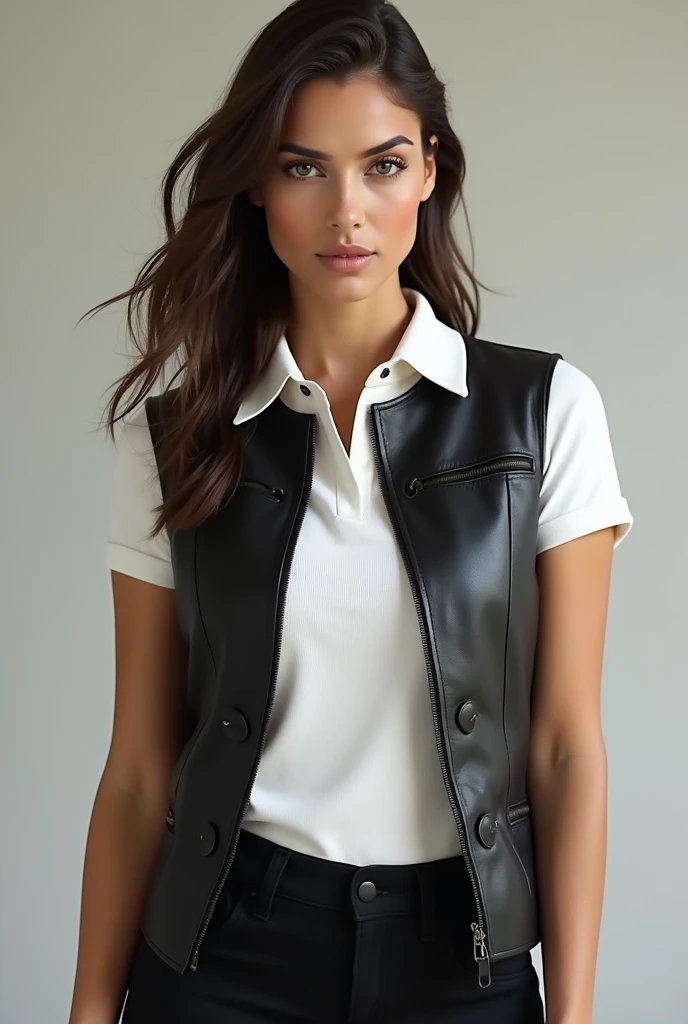 Woman in leather vest and white polo shirt underneath 