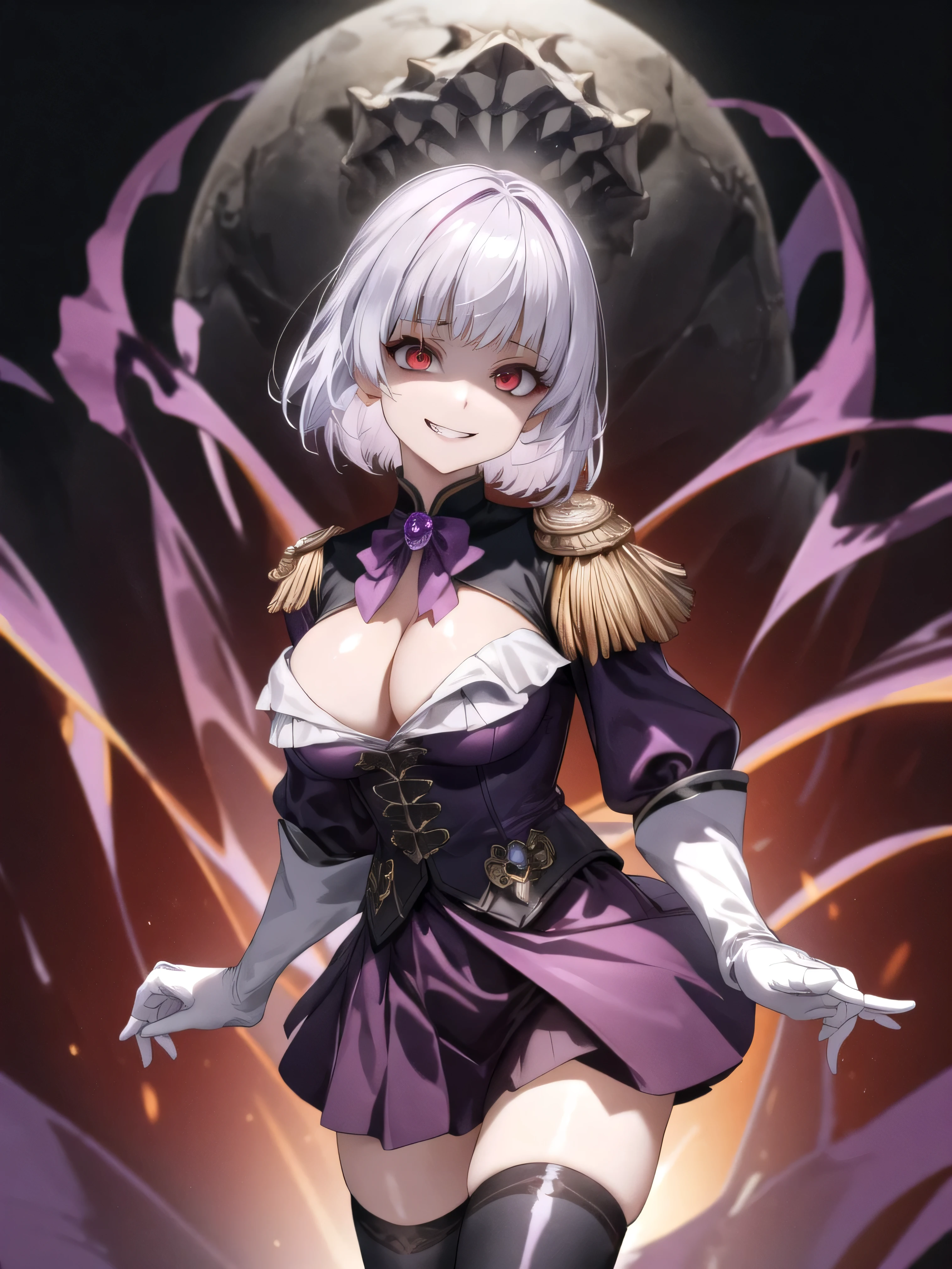 masterpiece, Highest quality, High resolution, male, short hair, Hello, Red eyes, Large Breasts, Cleavage, Epaulettes, White gloves, - Elbow hand pockets, Purple Skirt, Knee socks, Cowboy Shot, Are standing, Place your arms at your sides, straight, street,Two legs,Five Fingers,Evil background,Elbow fullgloves,shiny latex,evil grin, Debish Aura (Shiny fabric:1.5),Dark world background,solo,Decorated with skulls. background, A mountain of skulls beneath ,Two hands,