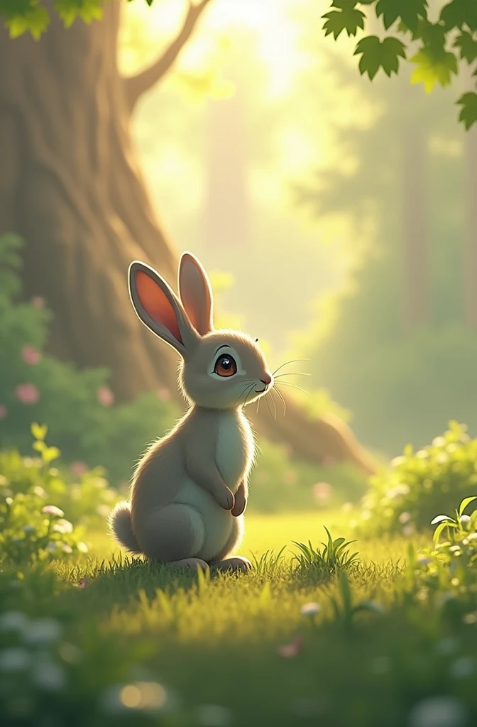 The little rabbit looked at the big tree in front