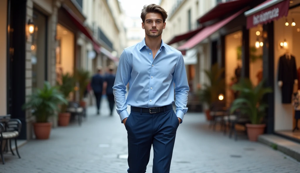 A 25 yearsold man whith smalling,beauty face ,braun hear,dark blue eyes walking in a quiet paris fashion shops bacground street, wearing lightblue coloured slim fit shirt, dark blue chinos and navy plimsols, full body, looking at viewer