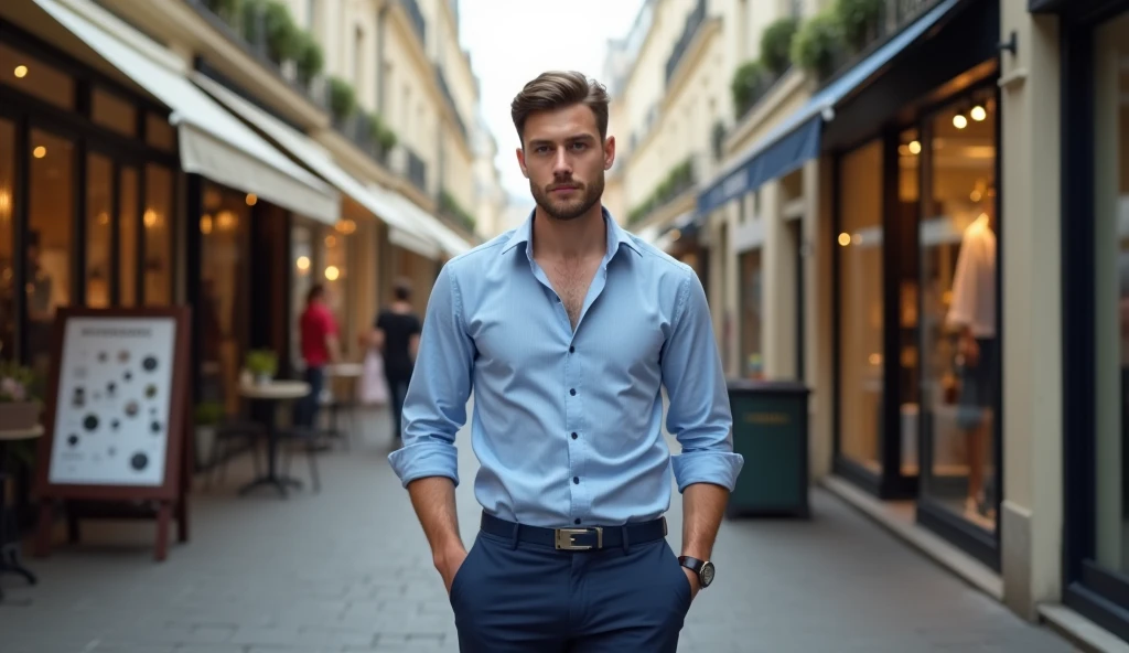 A 25 yearsold man whith smalling,beauty face ,braun hear,dark blue eyes walking in a quiet paris fashion shops bacground street, wearing lightblue coloured slim fit shirt, dark blue chinos and navy plimsols, full body, looking at viewer