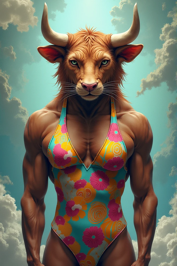 Un chat avec une tete de taureau en maillot de bain 