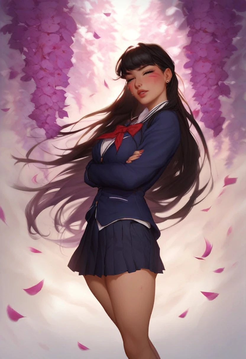 A girl with long dark hair tied to an inverted cross, with hands and legs tied with thick ropes. The girl, dressed in a dark school uniform with inverted religious symbols on her clothes, He has blood marks on his arms and face, with an expression of ecstasy or suffering looking towards the sky. Around it, There is dense vegetation and light poles with electric cables, giving a contrast between nature and the urban environment. Violet and pink flowers add a dramatic and sinister touch to the scene., while the bright lighting and white background highlight the cruelty and dark symbolism of the situation. The style is detailed and graphic., with a strong emotional and visual charge of sacrifice and desperation