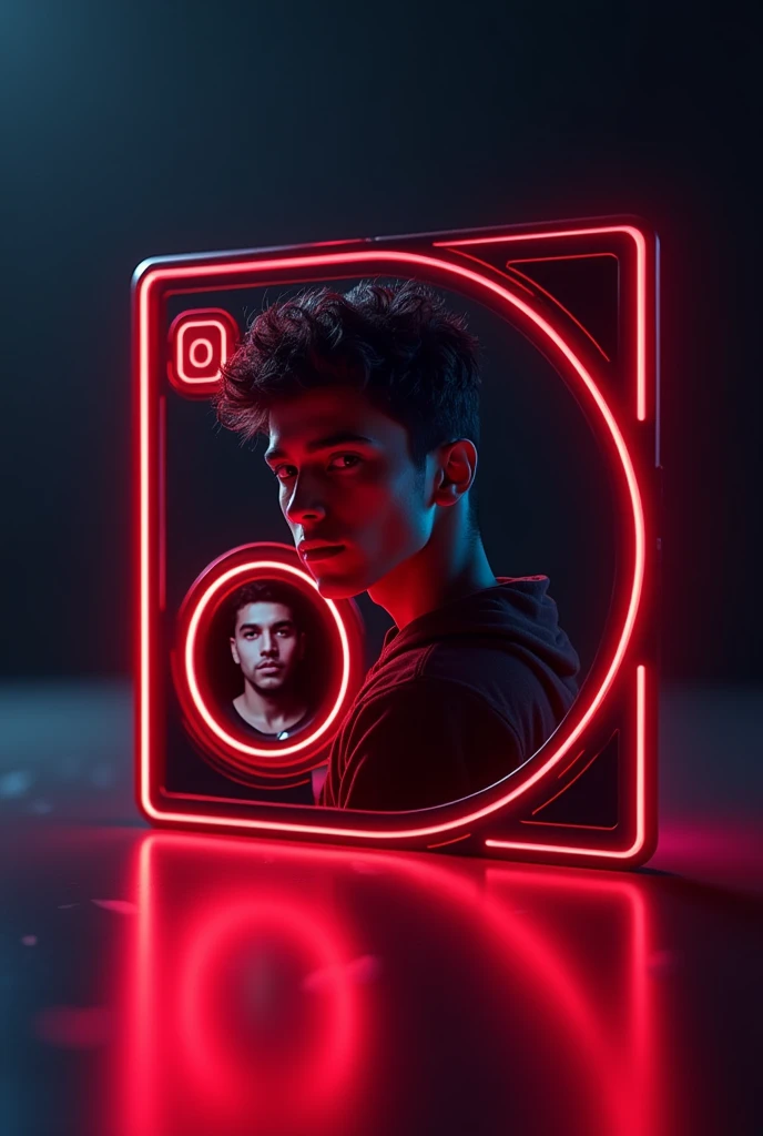 A digital card displaying a Instagram with a similar design to the provided the reference image.The card should feature a young person's portrait a circular frame on the left side, with the Instagram 3d logo and the text your Instagram name Akshay and your followers on the right side.The card should have a neon red outline and a dark background, similar to the reference image.
