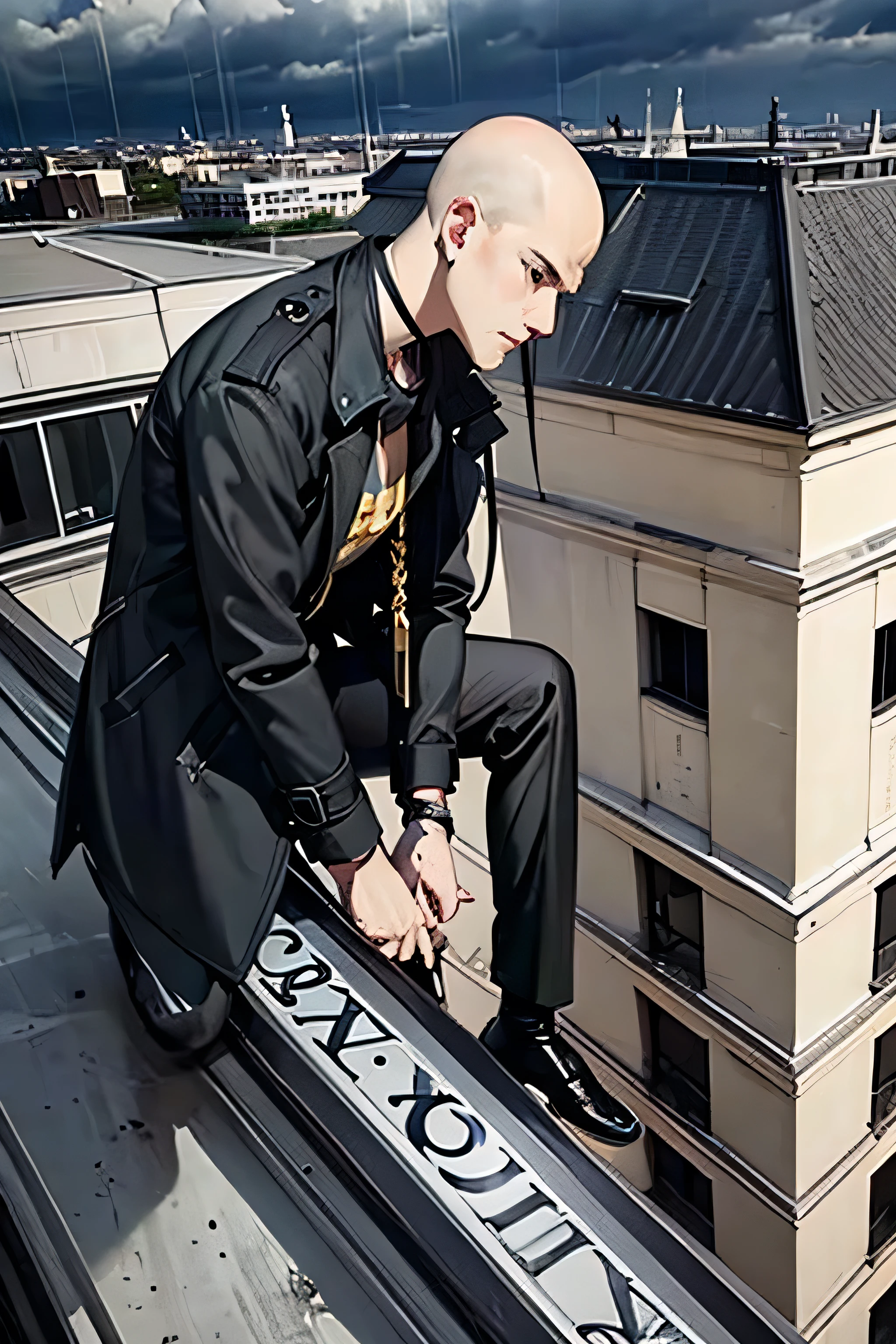 Young man without hair, on top of a building,black trench coat neat, on top of a building, rainy, cloudy, look at the sky