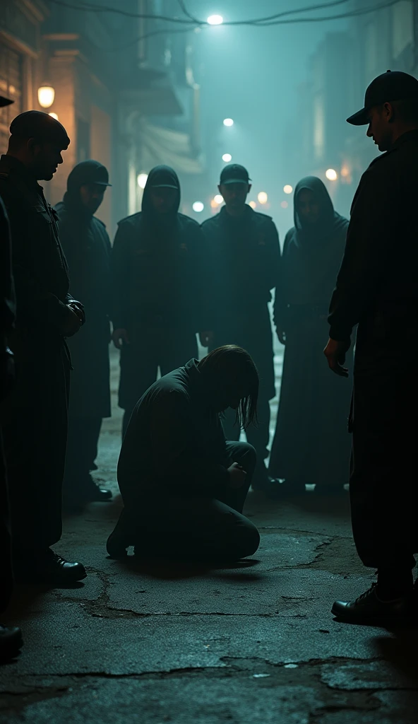 A dramatic moment** where the criminals, with expressions of regret and awe, kneel before the police, as the santoor music continues to play softly in the background