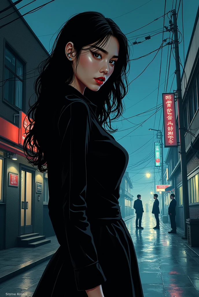（Korean comic style,Novel cover）The cover shows a mysterious, confident and sexy woman，The background is the company workshop and city street scene at night，Implied secret date。In the distance, two men can be seen confronting each other at the company gate.，The whole picture has a sharp contrast in color，Adds drama and suspense。
The four Chinese characters