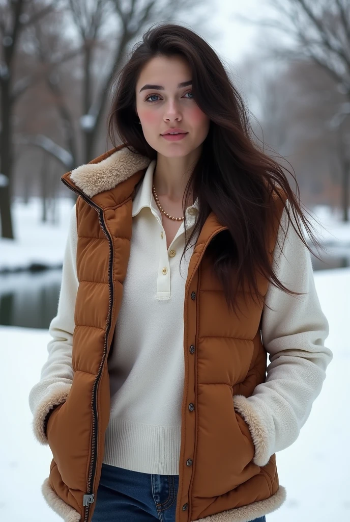 Woman in winter vest and white polo shirt underneath