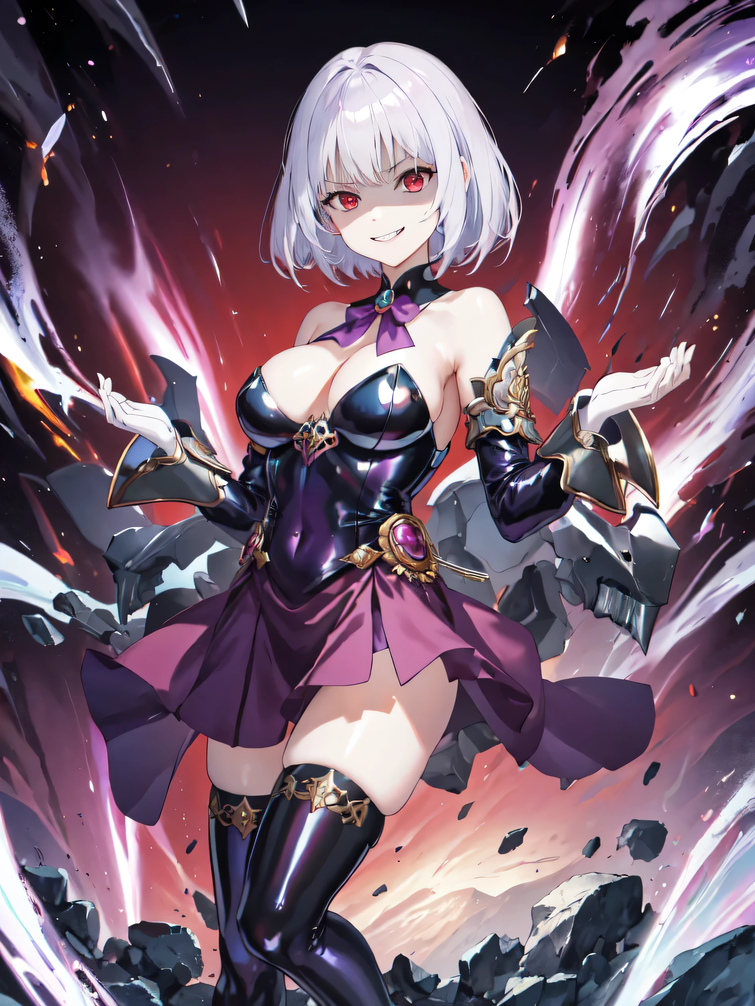 masterpiece, Highest quality, High resolution, male, short hair, Hello, Red eyes, Large Breasts, Cleavage, Epaulettes, White gloves, - Elbow hand pockets, Purple Skirt, Knee socks, Cowboy Shot, Are standing, Place your arms at your sides, straight, street,Two legs,Five Fingers,Evil background,Elbow fullgloves,shiny latex,evil grin, Debish Aura (Shiny fabric:1.5),Dark world background,solo,Decorated with skulls. background, A mountain of skulls beneath ,Two hands,