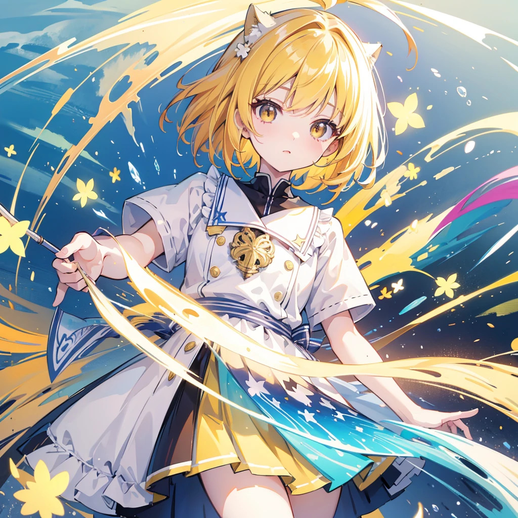 kawaii, anime, Cute, hyper quality, highly detailed, 8k, Clarity, Draw facial expressions in detail, brown eyes, yellow hair, bright, highlight on eyes, rainbow-colored light pours down, art tic, It's bright outside, infect one person, short hair, expose the whole body, light shines, grassland, there is a lake, upward glance,