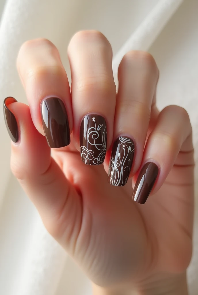 A brown gel polish with white decoration