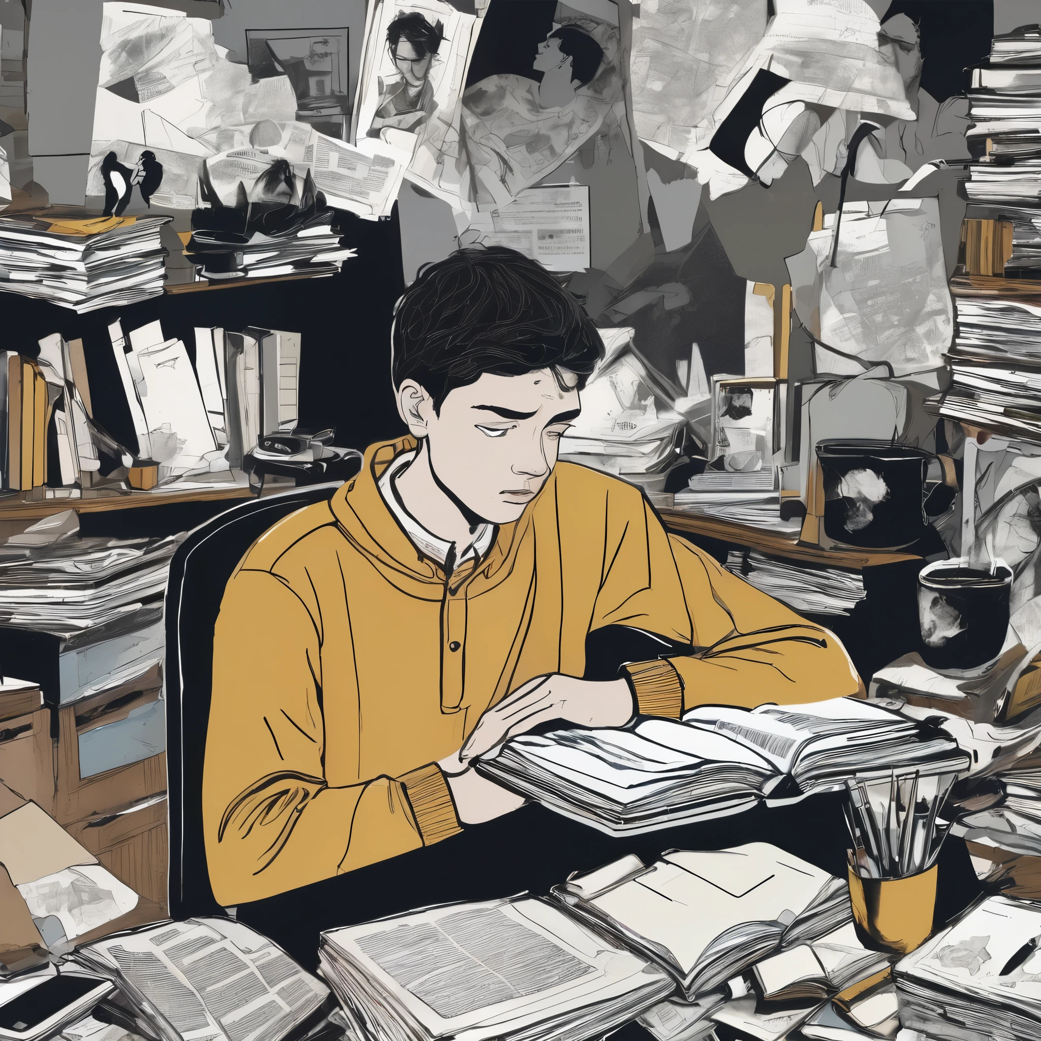 Create an image depicting the struggles faced by a teenage boy dealing with fake relationships, fake friends, and academic pressure. In the center, show the boy sitting at a cluttered desk, surrounded by textbooks and papers, with a stressed and overwhelmed expression. Around him, illustrate ghostly, fragmented images of fake friends and shallow relationships, such as shadowy figures or distorted faces, to symbolize their insincerity. Include visual cues like social media notifications or broken text messages on a phone to represent the superficiality of his interactions. The background should include a stark contrast between a chaotic environment and a more serene, hopeful space, symbolizing the pressure and his desire for relief. The overall tone should be emotional and poignant, reflecting the complexity of his challenges and the longing for genuine connections and success."