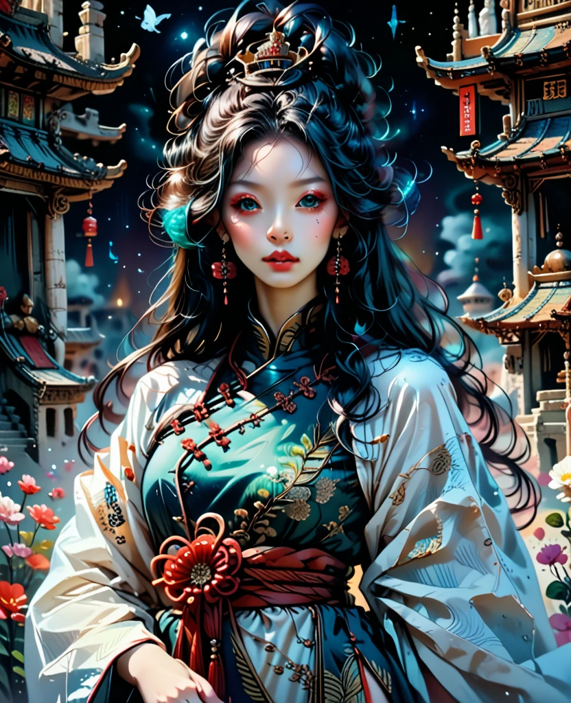 A woman in a blue and white dress with flowers in her hair, hanfu, palace, girl in hanfu, blue hanfu, white hanfu, wearing ancient Chinese costume, ((beautiful fantasy queen)), ancient Chinese princess, Chinese style, traditional Chinese clothing, ancient Chinese clothing, beautiful fantasy queen, Chinese princess, traditional beauty,