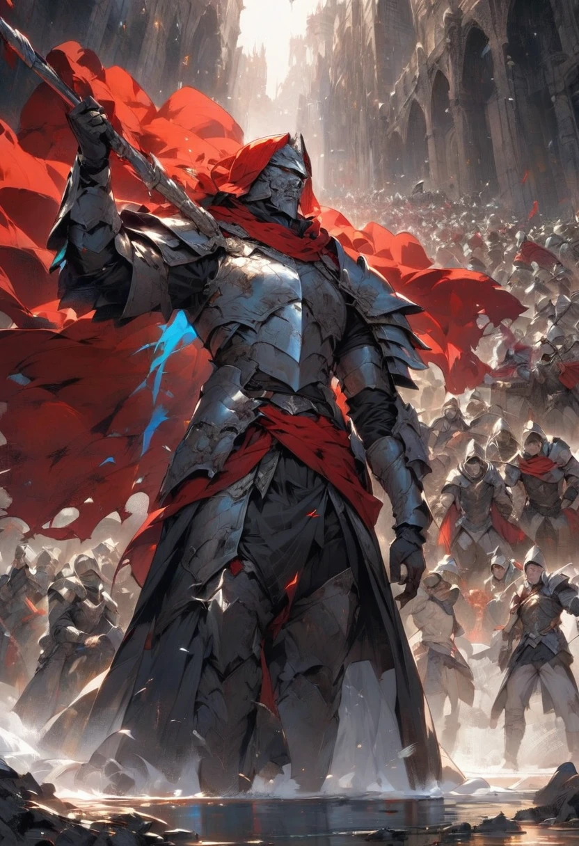 With a vast battlefield as a backdrop、A man dressed in red, a heretical hero, stands bravely。He was dressed in magnificent armor、Wearing a red cape、Gazing into the distance with sharp eyes。He had a pipe in his mouth.、It exudes a free-spirited atmosphere。There are soldiers around him praising his name.、A composition that conveys the tension of the battlefield。