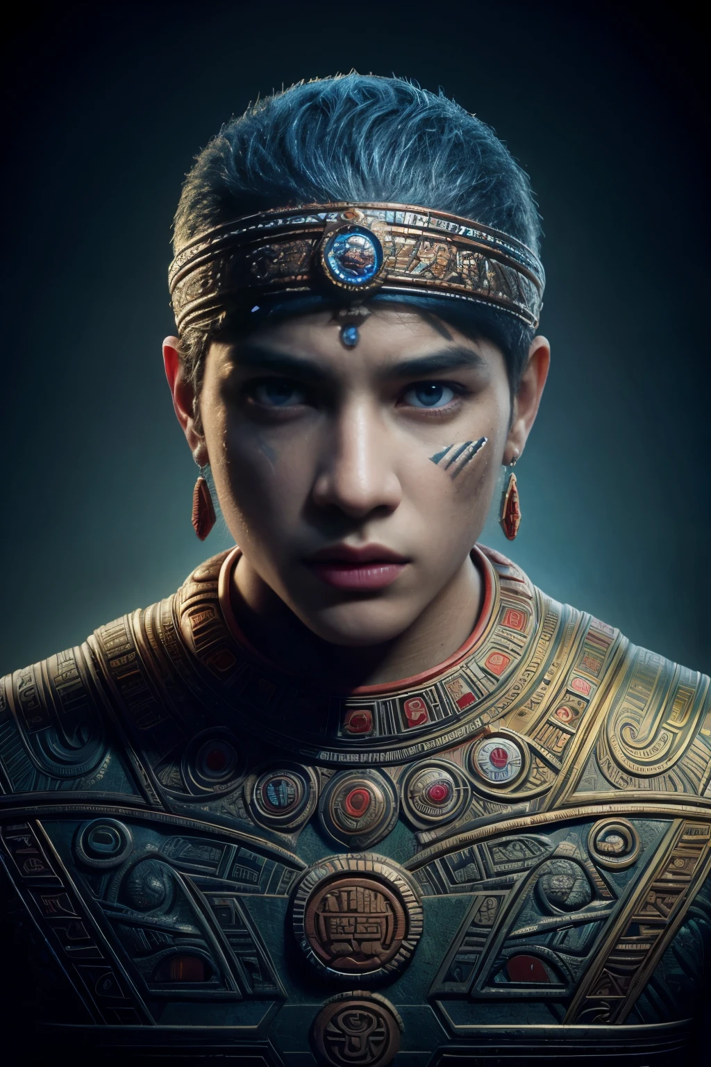 (high quality), (masterpiece), (detailed), 8K, Hyper-realistic digital painting of (young boy1.2) with (intricate ancient totem stone1.3) embedded in his (chiseled upper body1.2), showcasing (vibrant tribal markings1.2) and (piercing gaze1.2). In style of Simon Stalenhag, trending on Artstation.