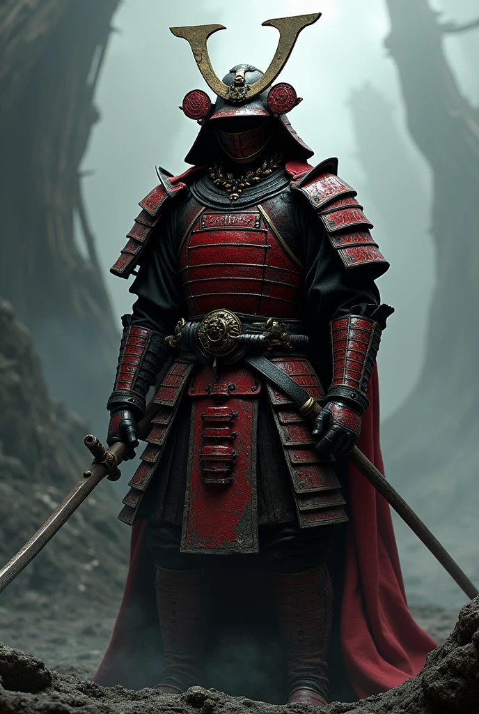 Red samurai with several details on the clothes,dark souls,grimdark