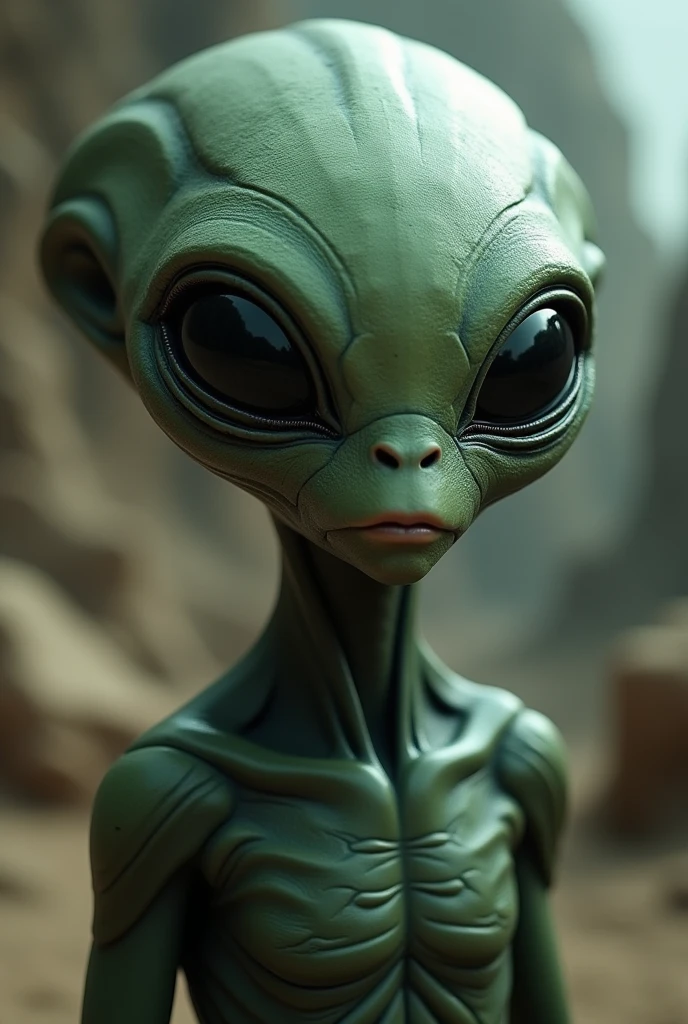 alien, black big eyes, dark green skin, small mouth, Big head, noseless 