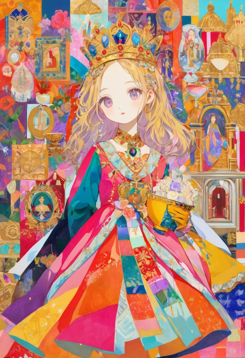 (masterpiece, best quality),
woodblock print collage depicting,one girl,princess,side view,he is surrounded by traditional european royal symbols,wearing cutie princess dress,holy grail,colorful, collage art, contemporary artistic collage,The color scheme is bright and vibrant, creating a festive atmosphere for celebrating coronation ceremony,