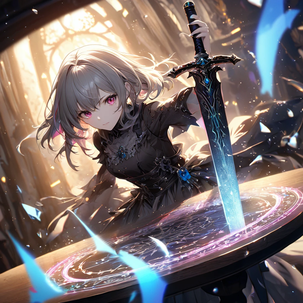 Highest quality, wonderful_delicate, wonderful delicate eyes, Super detailed, beautiful, 8k , One girl, Red eyes, evil, Facial Contour,table, Highest quality, (the Extremely Detailed CG Unity 8k wallpapers, table, Highest quality, Very detailed, Best Shadow), (For more information), (Beautifully detailed face, 細部へのbeautiful配慮), High Contrast, (Better lighting, とても優しくてbeautiful),One Girl,((透明な背景にcolorfulなペイントの飛沫, Dulux,)), ((caustic)), Dynamic Angle,beautiful輝き,whole body, Cowboy Shot, colorful, One Girl, Gray Hair, Purple eyes, Two-handed weapons, sword, swordを握る, Blue Flame, Shine, Glowing Weapons, Particles of light, wallpaper, chromatic aberration, (For more information,Dark fantasy), (Beautifully detailed face), High Contrast, (Better lighting, とても優しくてbeautiful), ((Cinematic Light)), colorful, Hyper Detail, Dramatic Light, Complex parts, Written boundary depth,black Particles of lights,(Broken glass),magic circle,