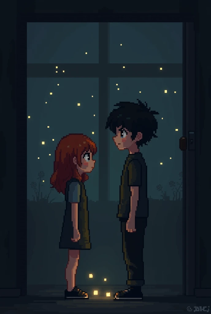 I created a pixel art of a redheaded girl, short, thick-legged in a dark room, with fireflies outside and a boy with scars on his face and black hair and tired eyes and make them almost kiss