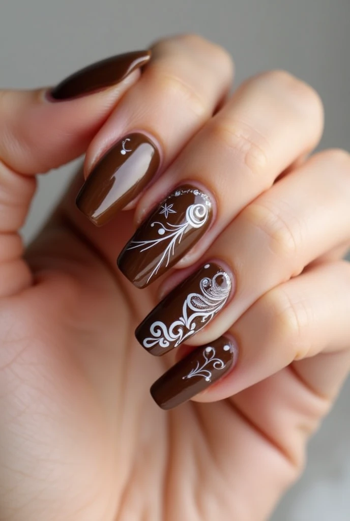 A brown gel polish with white decoration