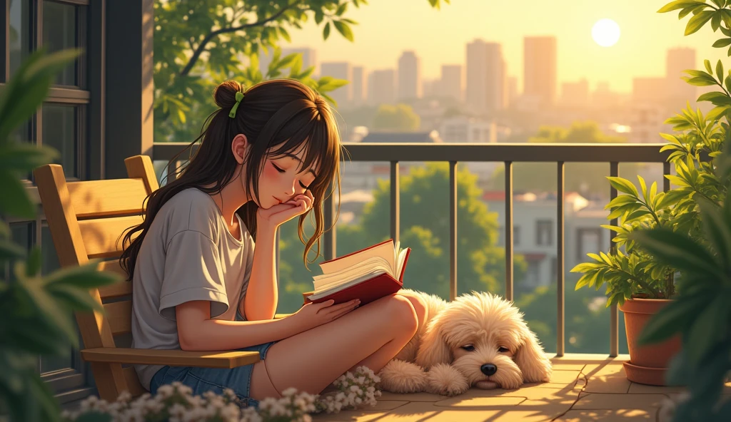 Makoto Shinkai's style　A female college student falls asleep while reading a book on the terrace of her home。A toy poodle is also sleeping nearby.。