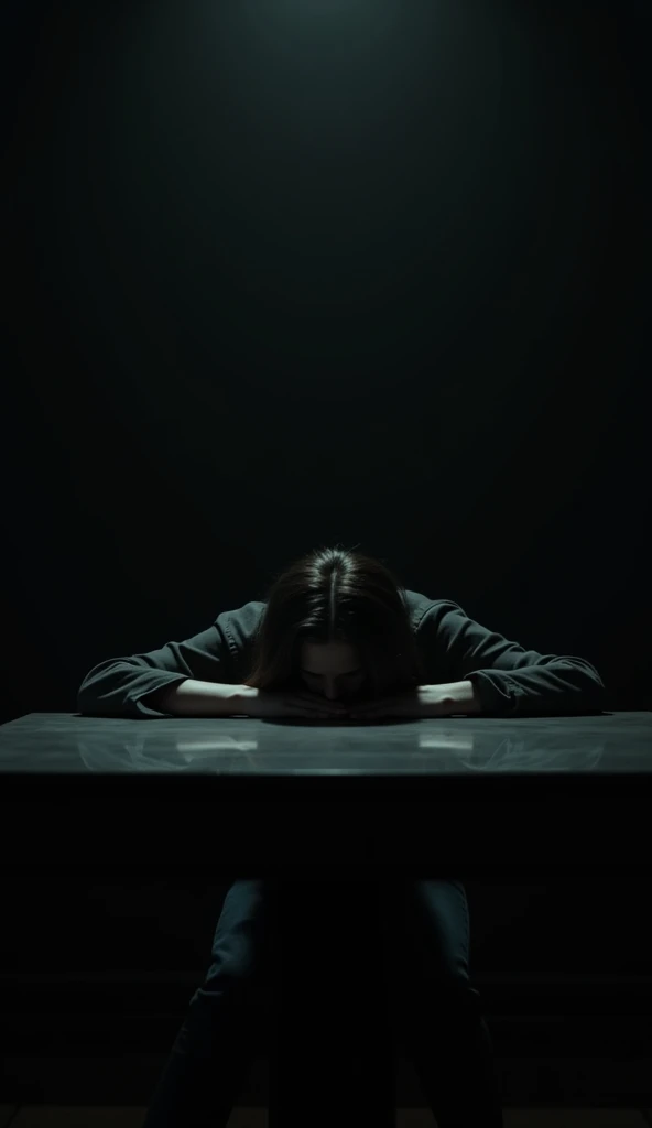 Woman's head on table in pitch black