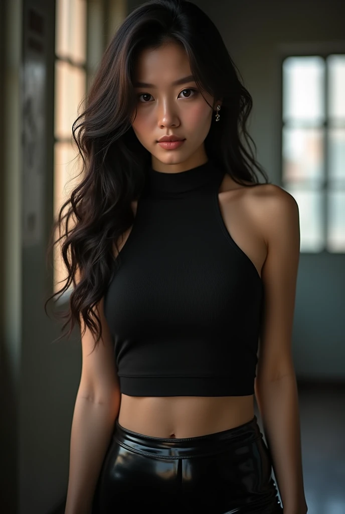 masterpiece, high quality, depth of field, dramatic light, best shadow, best illumination, (backlighting), 8k, beautiful lighting, best quality, highres, female focus, Jiyoung Yoo, 1girl, solo, black hair, long hair, latex pants, black sleeves less shirt, show her armpits