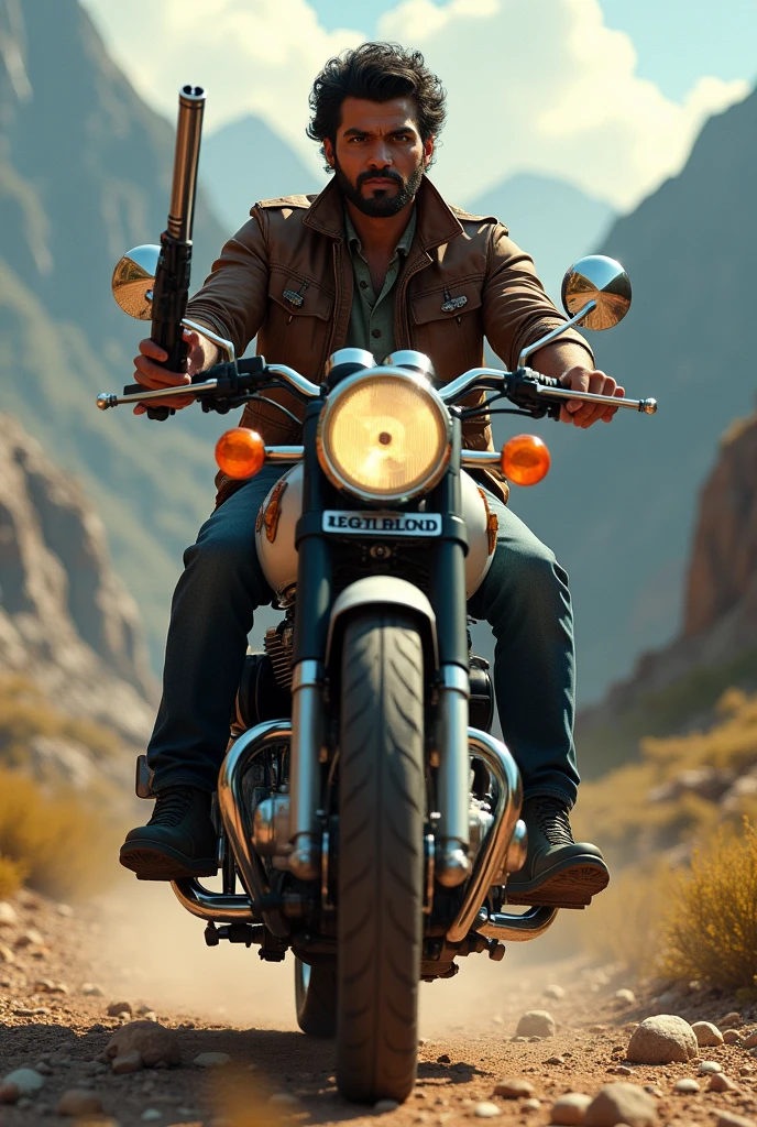 Sivan riding royal Enfield with gun