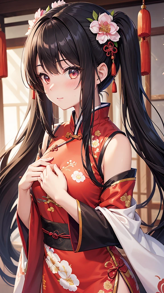 High resolution, One girl, chest, Blushing, Highest quality, accessories, Long Hair, Twin tails, Chinese clothing,Floral print,anime, Futuristic, Black Hair,