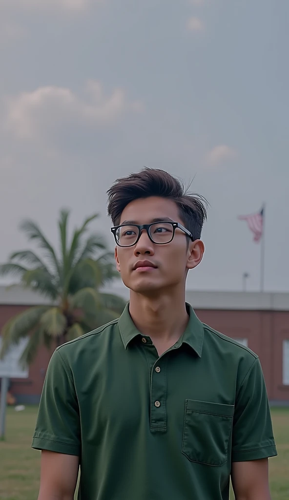 Believe me, a handsome young man sitting looking straight ahead with glasses